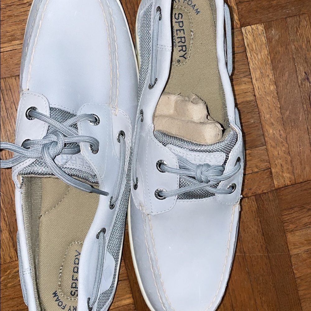 New, never worn sperry’s, size 11, grey/blue color
